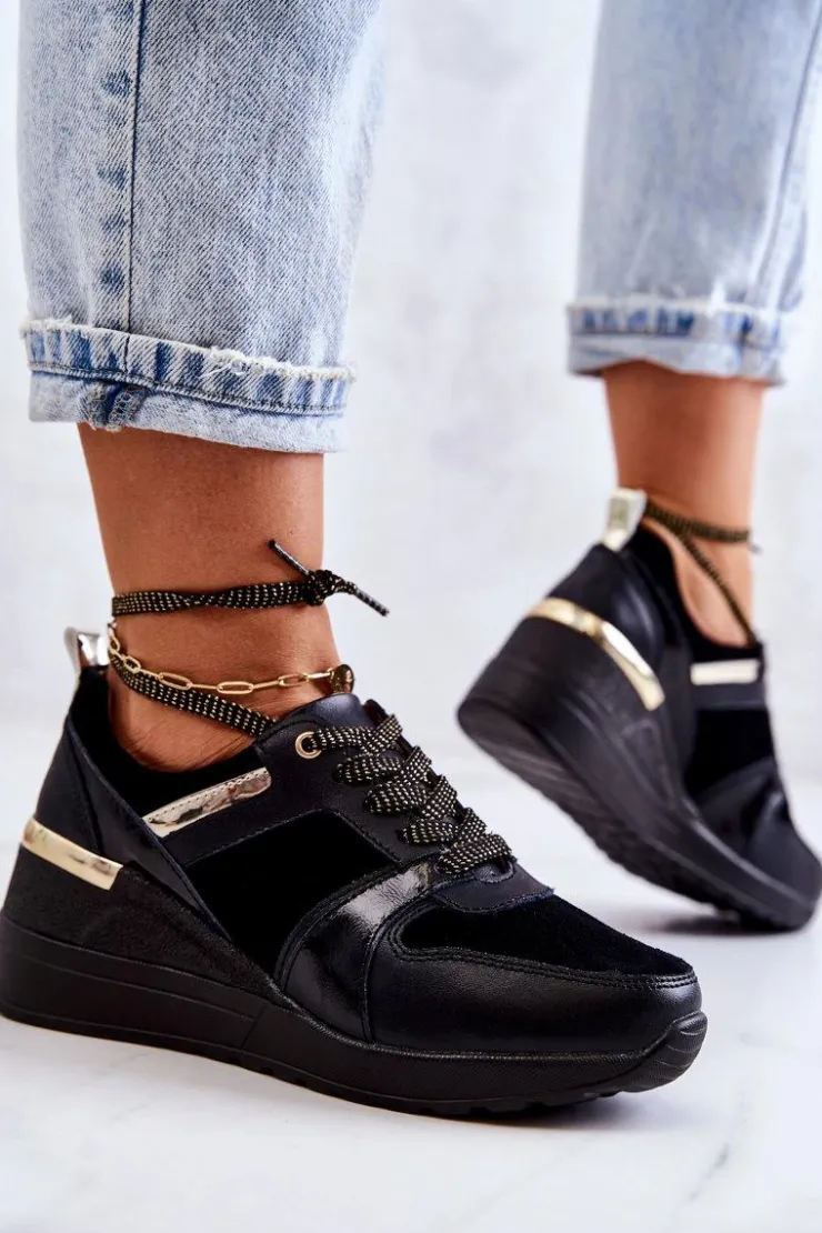 Best Damskie buty S.Barski Skórzane Buty Sportowe Na Koturnie Czarne Rayana