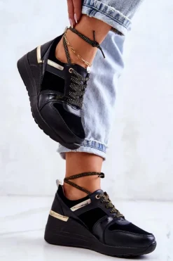 Best Damskie buty S.Barski Skórzane Buty Sportowe Na Koturnie Czarne Rayana