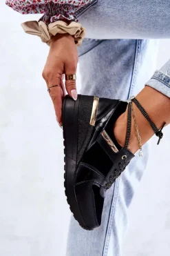 Best Damskie buty S.Barski Skórzane Buty Sportowe Na Koturnie Czarne Rayana