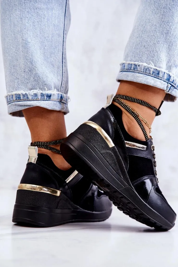 Best Damskie buty S.Barski Skórzane Buty Sportowe Na Koturnie Czarne Rayana