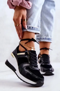 Damskie Damskie buty S.Barski Skórzane Buty Sportowe Na Koturnie Czarno-Białe Rayana