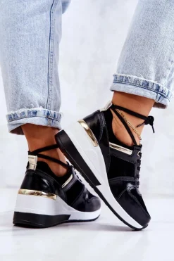 Damskie Damskie buty S.Barski Skórzane Buty Sportowe Na Koturnie Czarno-Białe Rayana