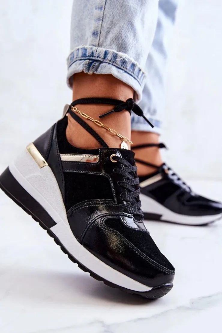 Damskie Damskie buty S.Barski Skórzane Buty Sportowe Na Koturnie Czarno-Białe Rayana