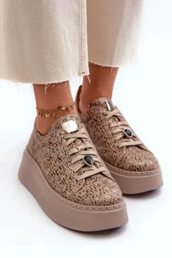 Damskie Maciejka Skórzane Buty Sportowe Na Platformie 06191-10 Beżowe