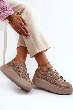 Damskie Maciejka Skórzane Buty Sportowe Na Platformie 06191-10 Beżowe