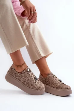 Damskie Maciejka Skórzane Buty Sportowe Na Platformie 06191-10 Beżowe