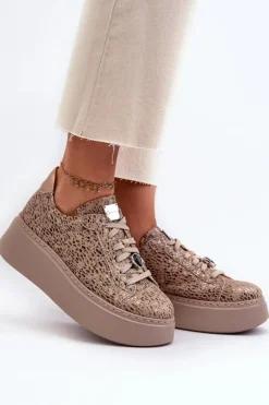 Damskie Maciejka Skórzane Buty Sportowe Na Platformie 06191-10 Beżowe