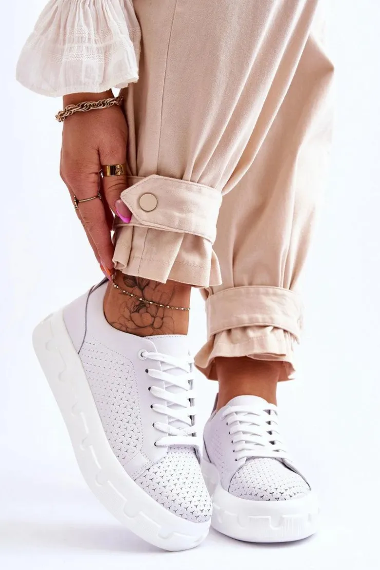 Damskie Damskie buty S.Barski Skórzane Buty Sportowe Na Masywnej Platformie Białe Montigo