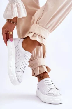 Damskie Damskie buty S.Barski Skórzane Buty Sportowe Na Masywnej Platformie Białe Montigo