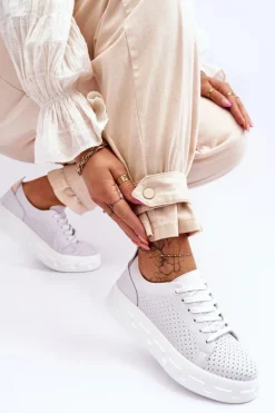 Damskie Damskie buty S.Barski Skórzane Buty Sportowe Na Masywnej Platformie Białe Montigo