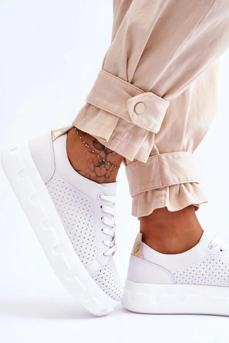 Damskie Damskie buty S.Barski Skórzane Buty Sportowe Na Masywnej Platformie Białe Montigo