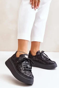 New Maciejka Skórzane Buty Sportowe Na Platformie 06191-42 Czarne