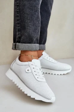 New Damskie buty S.Barski Skórzane Buty Sportowe Na Platformie Z Brokatem D&A LR51-629 Białe Biały