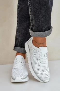 New Damskie buty S.Barski Skórzane Buty Sportowe Na Platformie Z Brokatem D&A LR51-629 Białe Biały