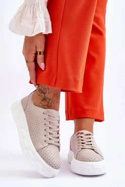 New Damskie buty S.Barski Skórzane Buty Sportowe Na Masywnej Platformie Beżowe Montigo