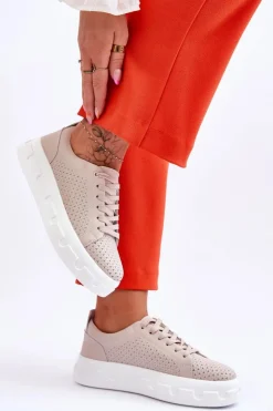 New Damskie buty S.Barski Skórzane Buty Sportowe Na Masywnej Platformie Beżowe Montigo