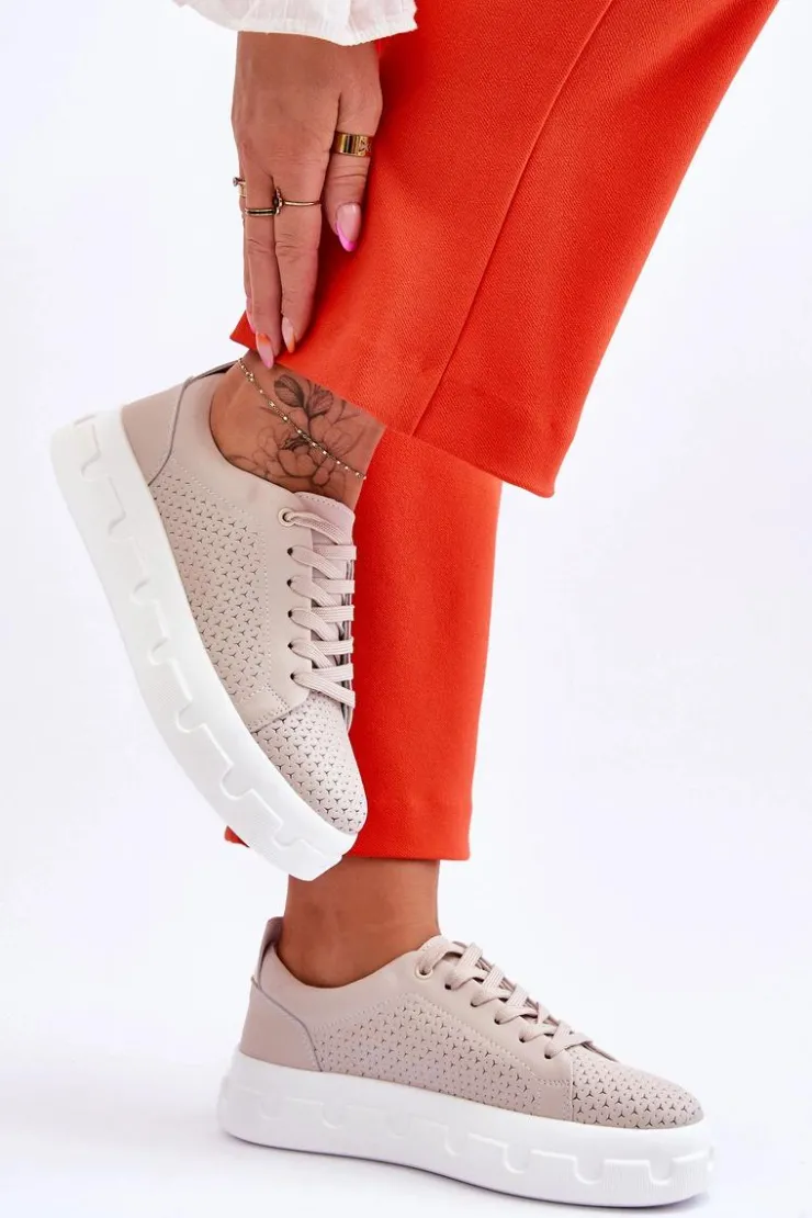 New Damskie buty S.Barski Skórzane Buty Sportowe Na Masywnej Platformie Beżowe Montigo