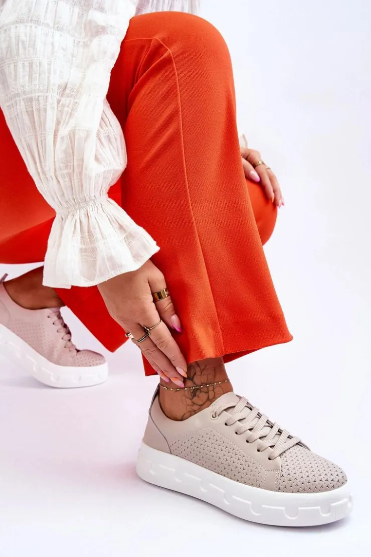 New Damskie buty S.Barski Skórzane Buty Sportowe Na Masywnej Platformie Beżowe Montigo