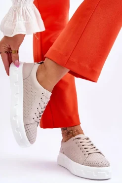 New Damskie buty S.Barski Skórzane Buty Sportowe Na Masywnej Platformie Beżowe Montigo