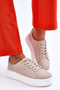 New Damskie buty S.Barski Skórzane Buty Sportowe Na Masywnej Platformie Beżowe Montigo