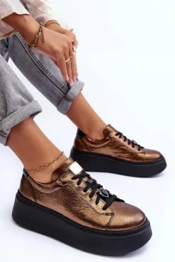 Maciejka Skórzane Buty Sportowe Na Platformie 06191-24 Miedziane