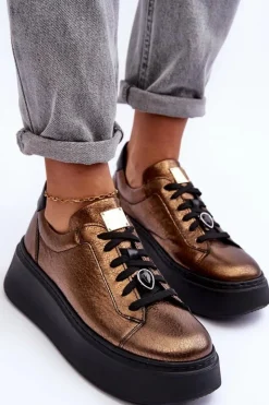 Maciejka Skórzane Buty Sportowe Na Platformie 06191-24 Miedziane