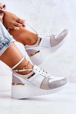 Damskie buty S.Barski Sneakersy Damskie*Skórzane Buty Sportowe Na Koturnie Biało-Szare Rayana