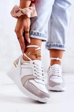 Damskie buty S.Barski Sneakersy Damskie*Skórzane Buty Sportowe Na Koturnie Biało-Szare Rayana