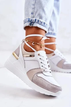 Damskie buty S.Barski Sneakersy Damskie*Skórzane Buty Sportowe Na Koturnie Biało-Szare Rayana