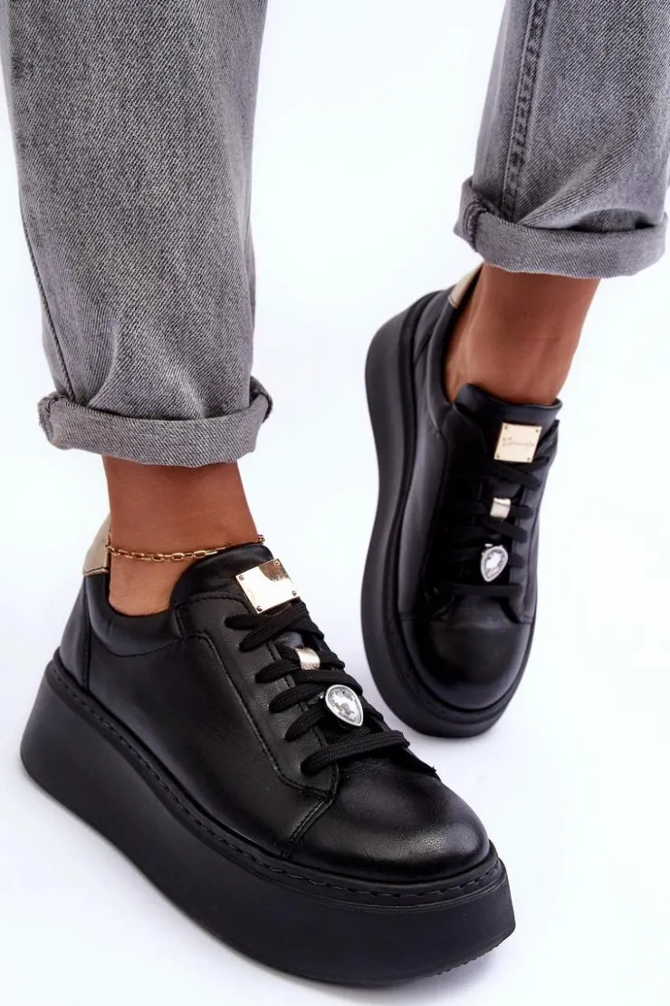 Damskie Maciejka Skórzane Buty Sportowe Na Platformie 06191-01 Czarne