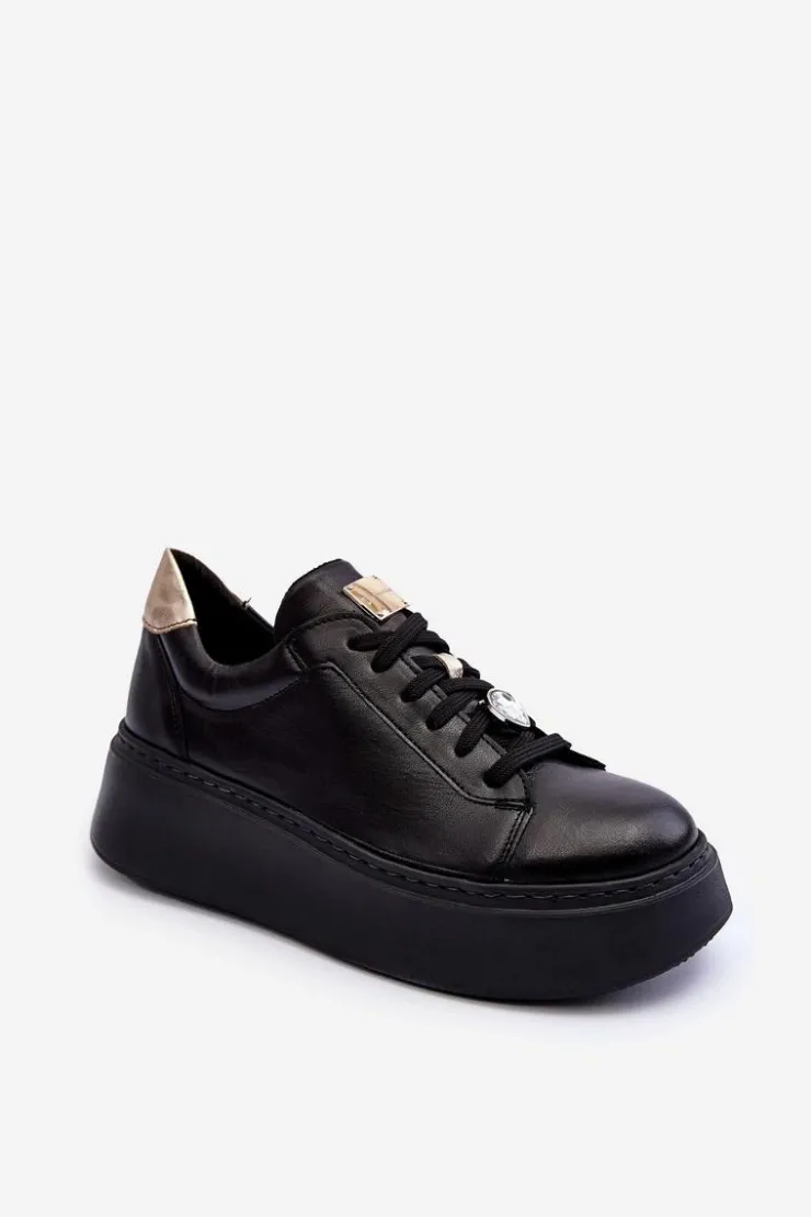 Damskie Maciejka Skórzane Buty Sportowe Na Platformie 06191-01 Czarne