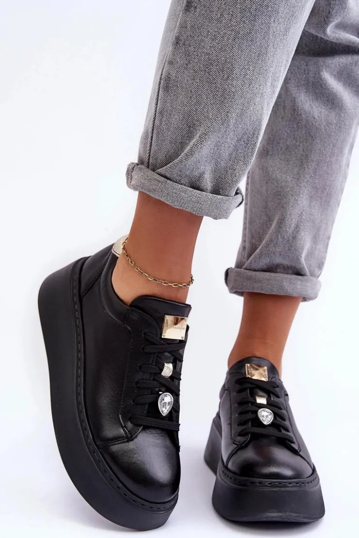 Damskie Maciejka Skórzane Buty Sportowe Na Platformie 06191-01 Czarne