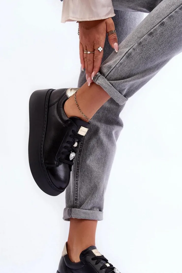 Damskie Maciejka Skórzane Buty Sportowe Na Platformie 06191-01 Czarne