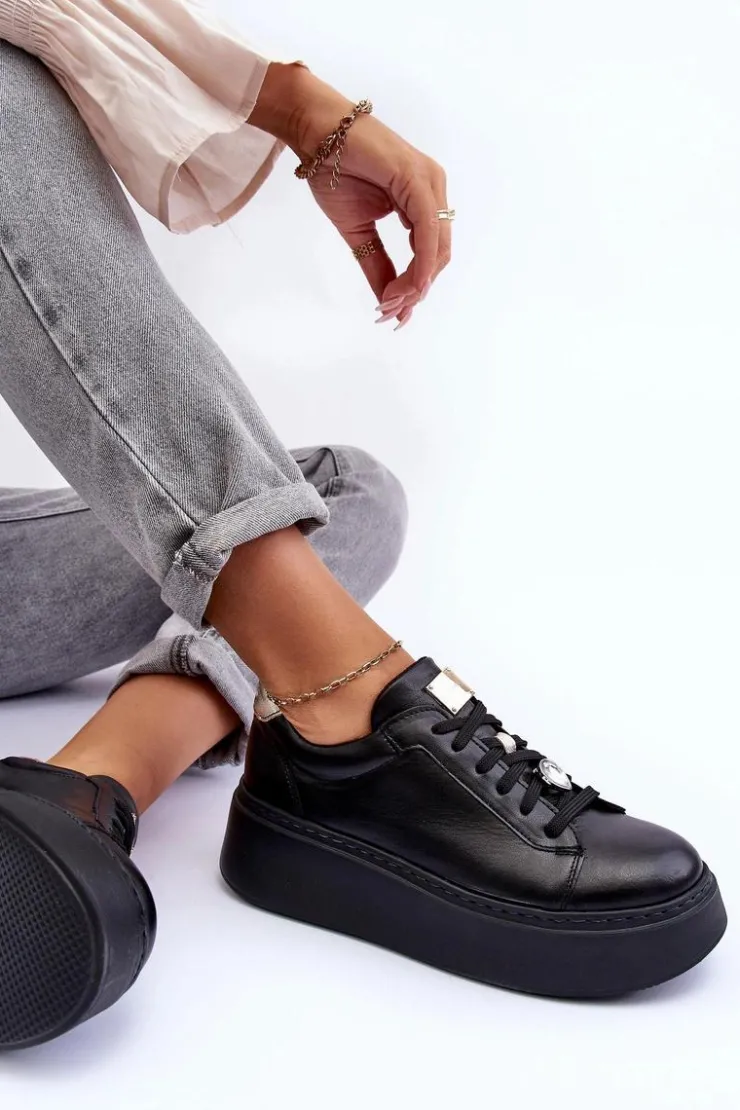 Damskie Maciejka Skórzane Buty Sportowe Na Platformie 06191-01 Czarne