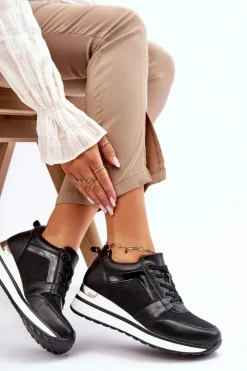 Boto Sneakersy Damskie*Skórzane Buty Sportowe Na Niewysokim Koturnie Czarne Braylen
