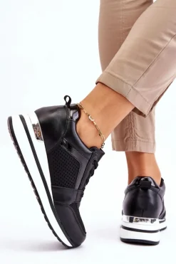 Boto Sneakersy Damskie*Skórzane Buty Sportowe Na Niewysokim Koturnie Czarne Braylen