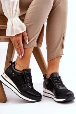 Boto Sneakersy Damskie*Skórzane Buty Sportowe Na Niewysokim Koturnie Czarne Braylen