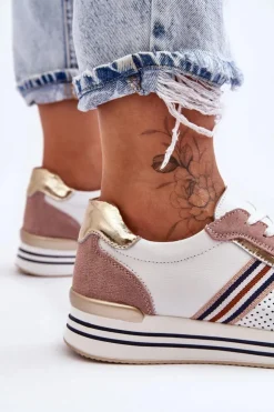 Clearance Damskie buty S.Barski Skórzane Buty Sportowe S.Barski AL21575 Biało-Różowe