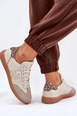 CheBello Buty Sportowe Na Platformie*Skórzane Buty Sportowe Sneakersy Damskie Panterka 4640 Beżowe
