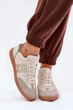 CheBello Buty Sportowe Na Platformie*Skórzane Buty Sportowe Sneakersy Damskie Panterka 4640 Beżowe