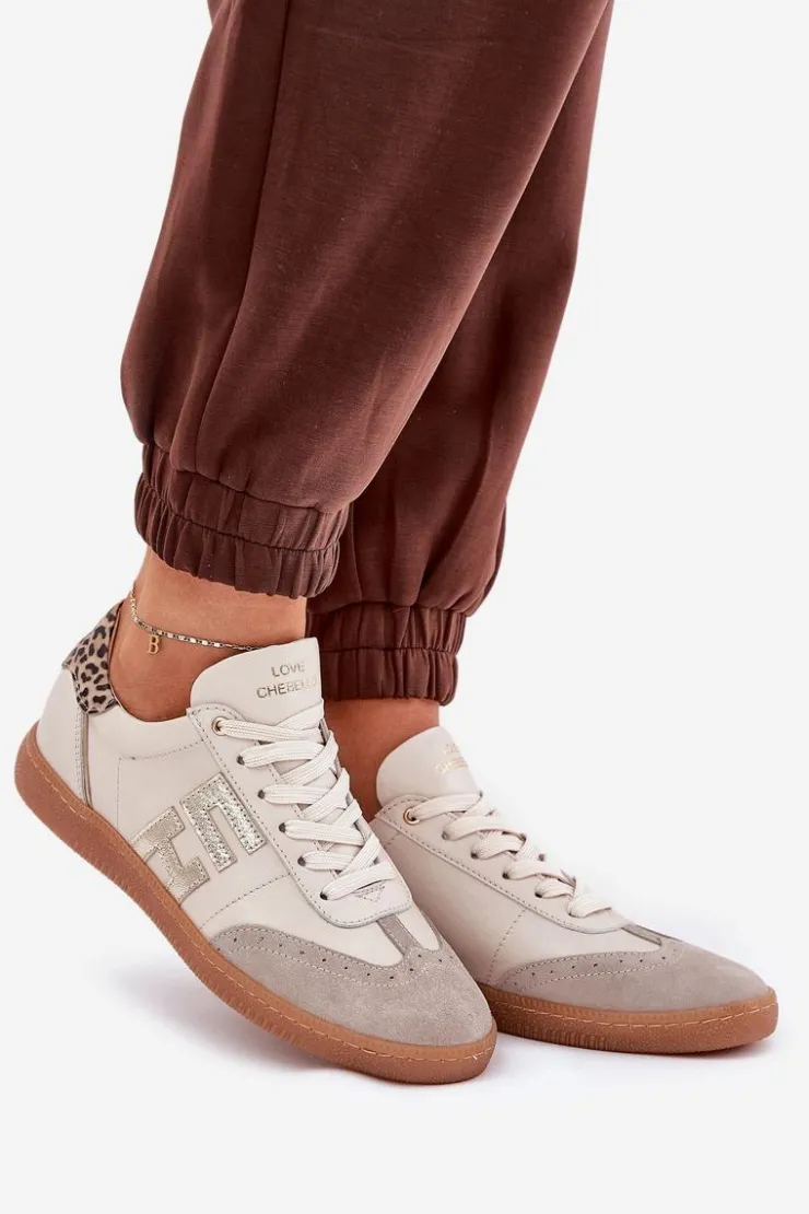 CheBello Buty Sportowe Na Platformie*Skórzane Buty Sportowe Sneakersy Damskie Panterka 4640 Beżowe