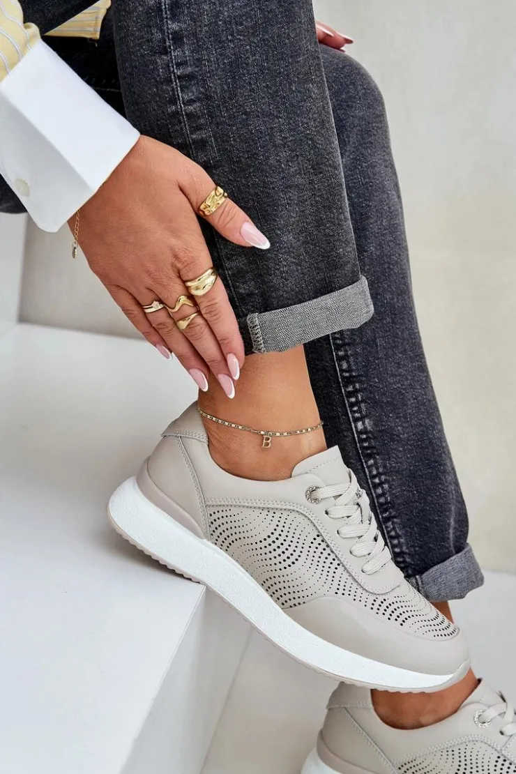 Damskie buty S.Barski Buty Sportowe Na Platformie|Sneakersy Damskie*Skórzane Buty Sportowe Sneakersy Damskie S.Barski LR51-551 Beżowe Beżowy