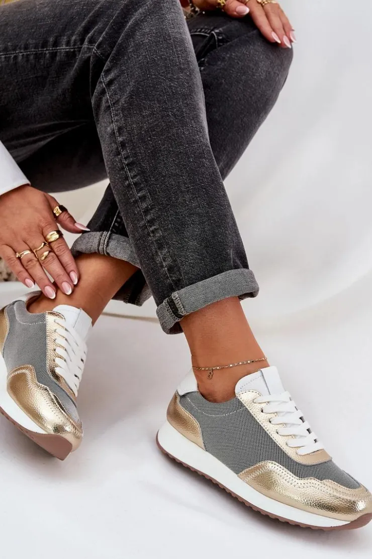 Damskie buty S.Barski Skórzane Buty Sportowe Sneakersy Damskie D&A LR51-847 Złote