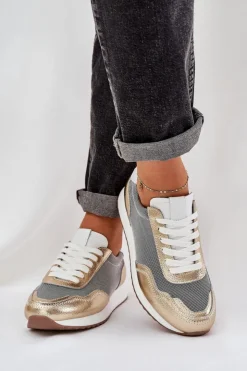 Damskie buty S.Barski Skórzane Buty Sportowe Sneakersy Damskie D&A LR51-847 Złote