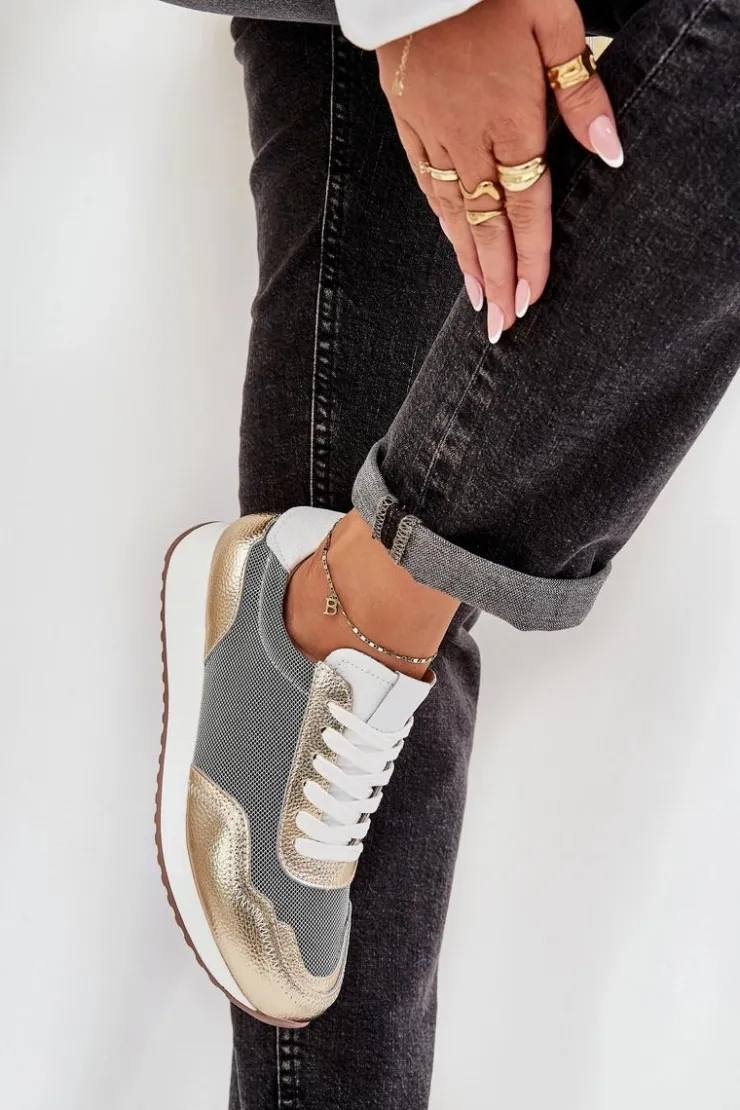 Damskie buty S.Barski Skórzane Buty Sportowe Sneakersy Damskie D&A LR51-847 Złote