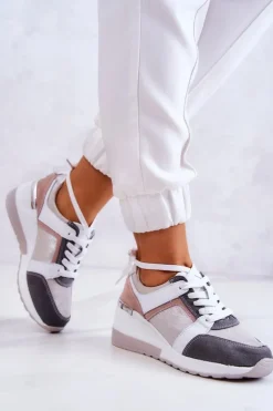 Damskie buty S.Barski Sneakersy Damskie*Skórzane Buty Sportowe Sneakersy Na Koturnie Srebrno-Szare Elissa