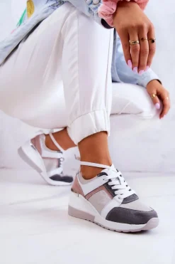 Damskie buty S.Barski Sneakersy Damskie*Skórzane Buty Sportowe Sneakersy Na Koturnie Srebrno-Szare Elissa