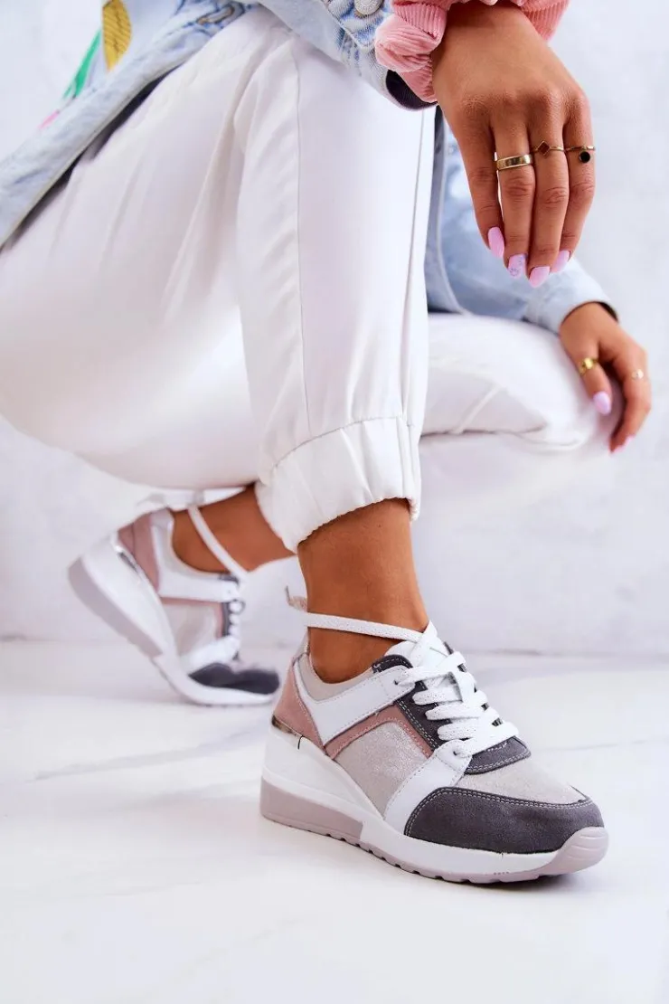 Damskie buty S.Barski Sneakersy Damskie*Skórzane Buty Sportowe Sneakersy Na Koturnie Srebrno-Szare Elissa