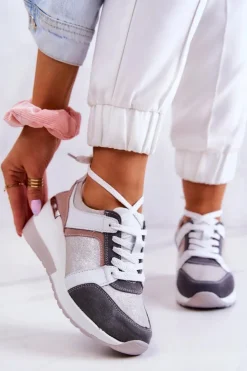 Damskie buty S.Barski Sneakersy Damskie*Skórzane Buty Sportowe Sneakersy Na Koturnie Srebrno-Szare Elissa