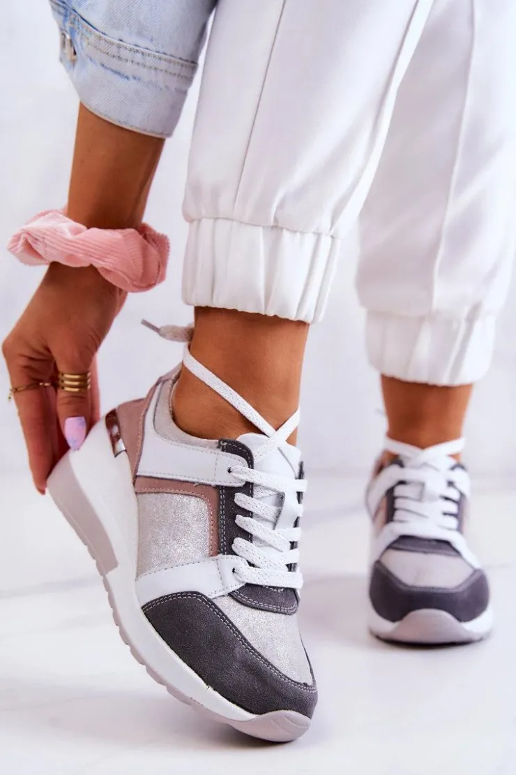 Damskie buty S.Barski Sneakersy Damskie*Skórzane Buty Sportowe Sneakersy Na Koturnie Srebrno-Szare Elissa